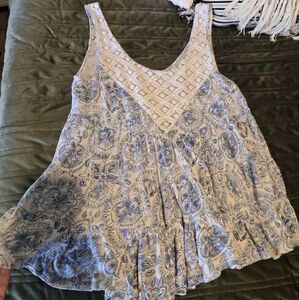 Free People Blue Floral Lace Trim Tank Top